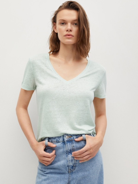 

MANGO Women Sea Green Solid V-Neck Linen T-shirt