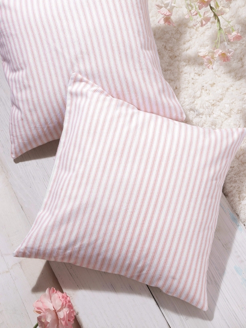 

House of Pataudi Set of 2 White & Pink Shiyahi Cotton Striped Rozana Square Cushion Covers