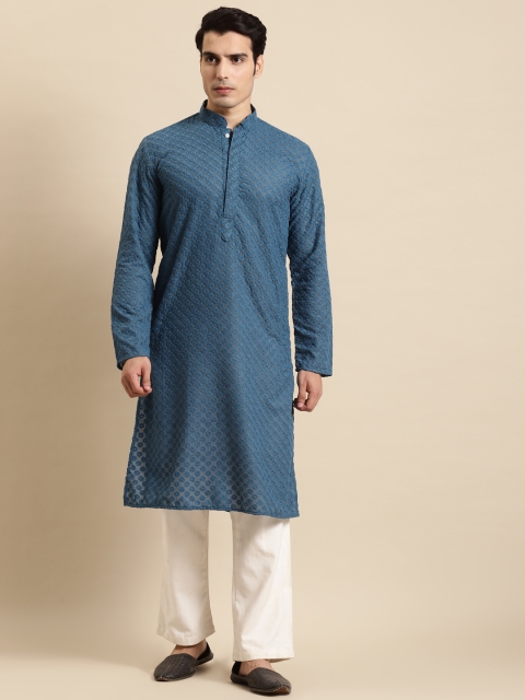 

RAJUBHAI HARGOVINDAS Men Blue Chikankari Pastels Kurta