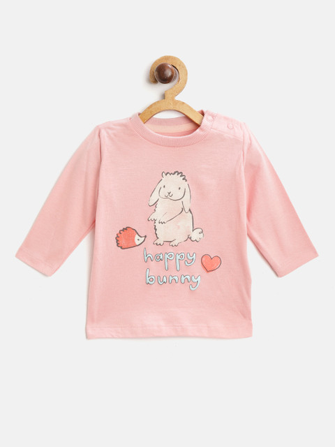 

Marks Spencer Girls Peach-Coloured Blue Printed Round Neck Pure Cotton T-shirt