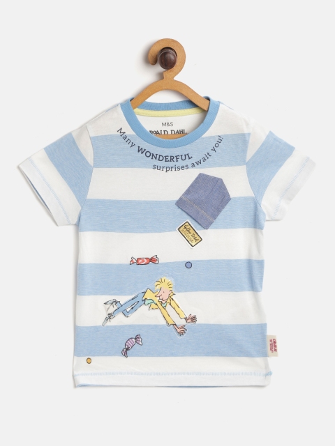 

Marks Spencer Boys Blue White Cotton Striped Applique Sustainable Pure Cotton T-shirt