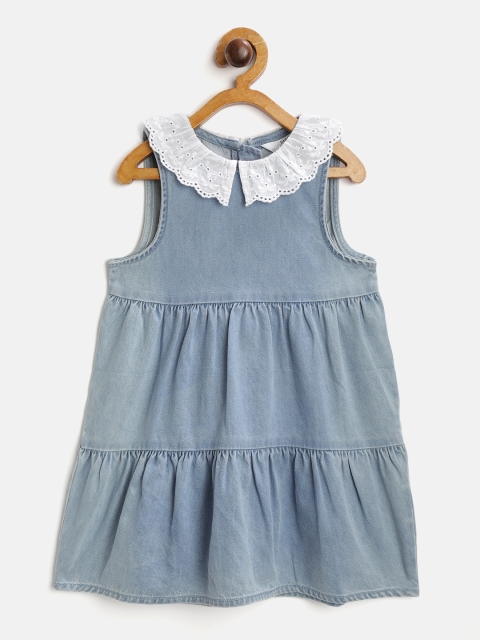 

Marks & Spencer Girls Blue Pure Cotton Peter Pan Collar Denim Sustainable Tiered Dress