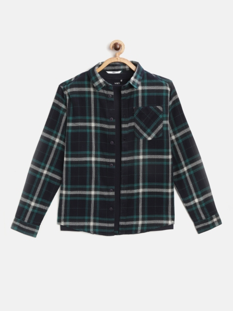 

Marks & Spencer Boys Navy Blue & Green Checked Sustainable Casual Flannel Shirt & T-Shirt