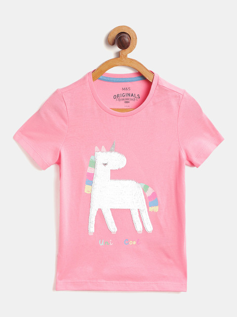 

Marks Spencer Girls Pink Silver Unicorn Flip Sequinned Pure Cotton Sustainable Pure Cotton T-shirt
