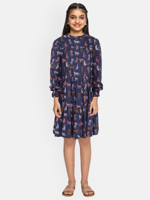

Marks & Spencer Girls Navy Blue & Orange Printed Sustainable Tiered Dress