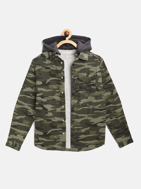 

Marks & Spencer Boys Olive Green Camouflage Print Hooded Cotton Casual Shirt & T-shirt