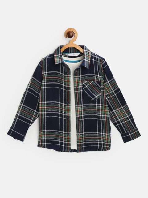 

Marks & Spencer Boys Navy Blue & Green Checked Casual Flannel Shirt with T-Shirt