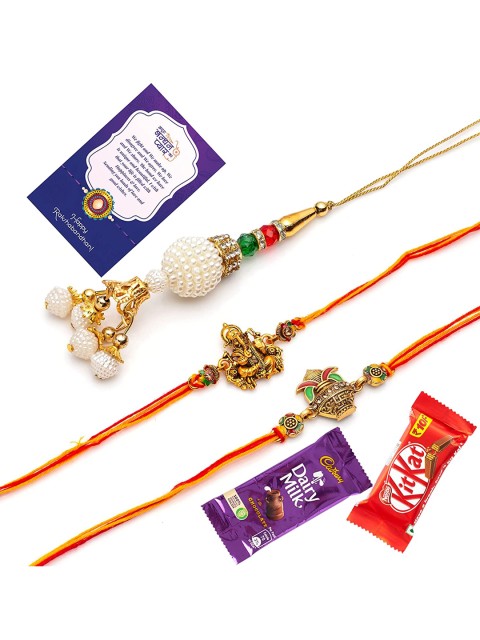 

CraftVatika Set Of 3 Gold-Toned & Red Rakhi & Lumba With Chocolate