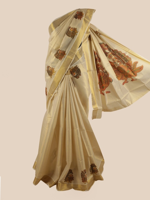 

Pothys Gold-Toned & Brown Ethnic Motifs Pure Cotton Kasavu Saree