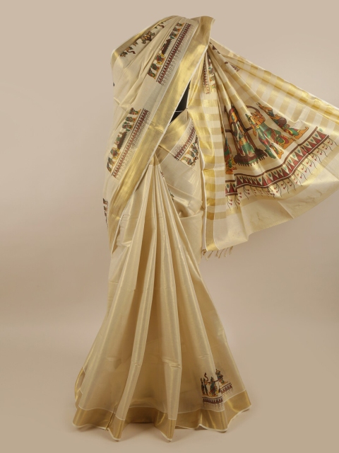 

Pothys Gold-Toned & Brown Ethnic Motifs Pure Cotton Kasavu Saree