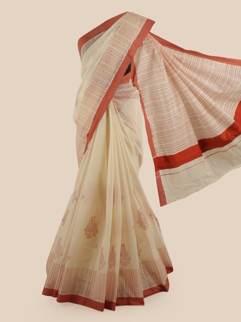 

Pothys Off White & Red Ethnic Motifs Pure Cotton Kasavu Saree