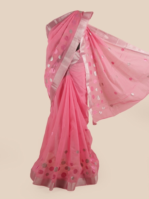 

Pothys Pink & Silver-Toned Zari Chanderi Cotton Saree