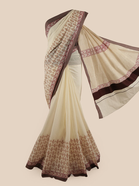 

Pothys Off White & Bronze-Toned Ethnic Motifs Pure Cotton Kasavu Saree