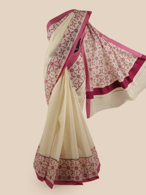 

Pothys Off White & Pink Floral Pure Cotton Kasavu Saree