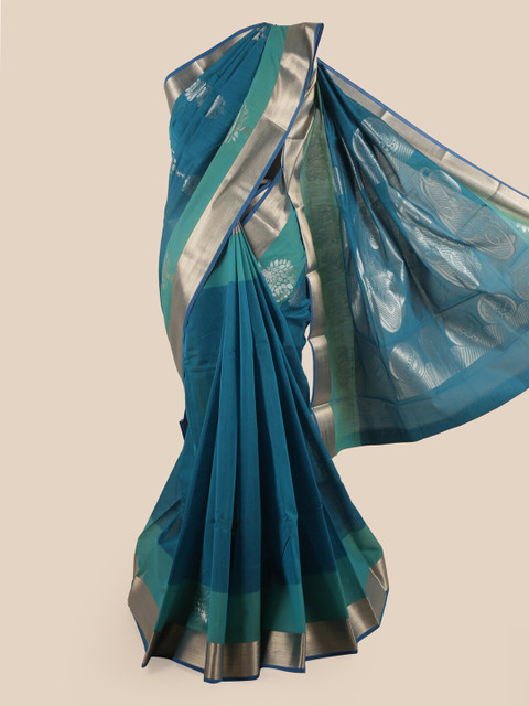 

Pothys Blue & Silver-Toned Ethnic Motifs Zari Silk Cotton Saree
