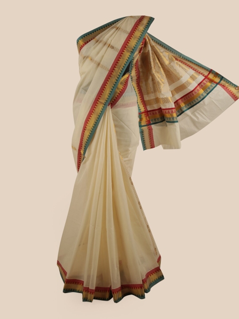 

Pothys Off White & Gold-Toned Ethnic Motifs Pure Cotton Kasavu Saree