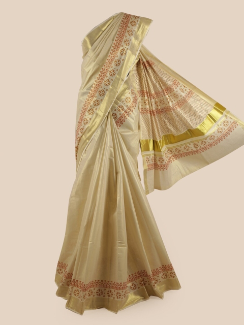 

Pothys Gold-Toned & Red Pure Cotton Kasavu Saree