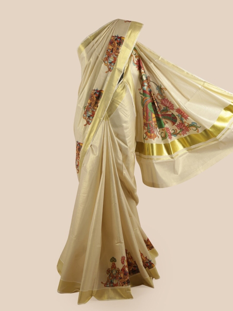 

Pothys Gold-Toned & Pink Ethnic Motifs Pure Cotton Kasavu Saree