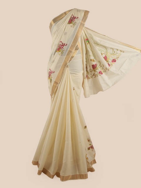 

Pothys Off White & Pink Floral Pure Cotton Kasavu Saree