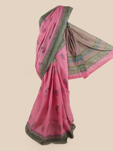 

Pothys Pink & Green Floral Pure Cotton Saree