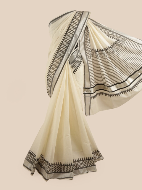 

Pothys Off White & Black Pure Cotton Kasavu Saree