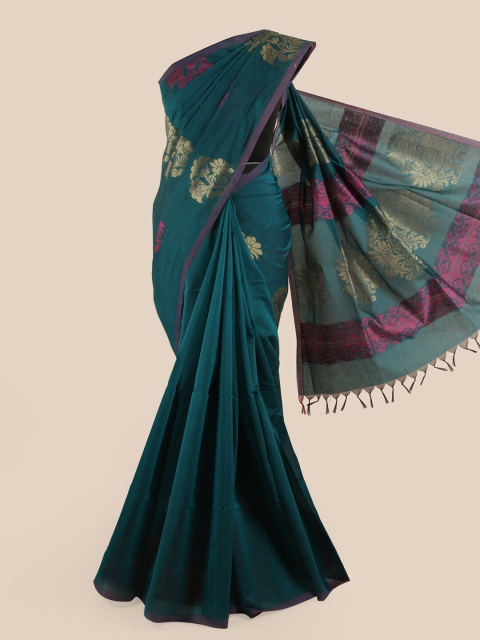 

Pothys Teal Green & Gold-Toned Floral Silk Cotton Saree