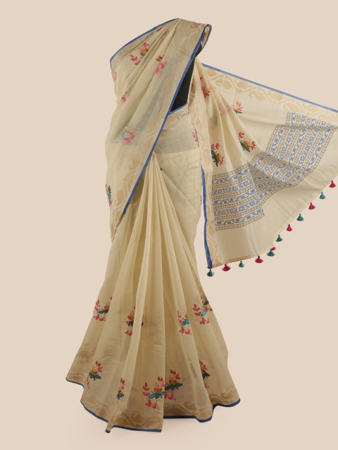 

Pothys Cream-Coloured & Pink Floral Chanderi Cotton Saree