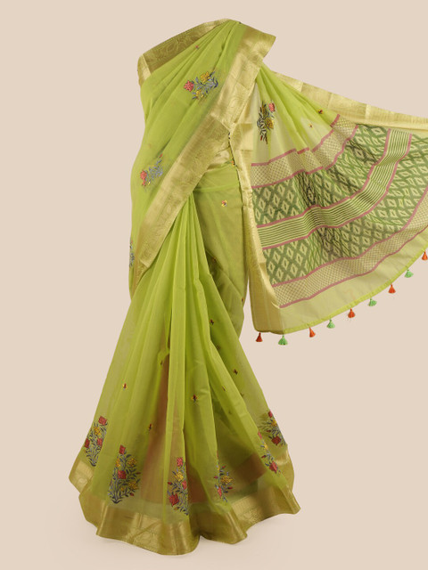 

Pothys Green & Pink Floral Chanderi Cotton Saree