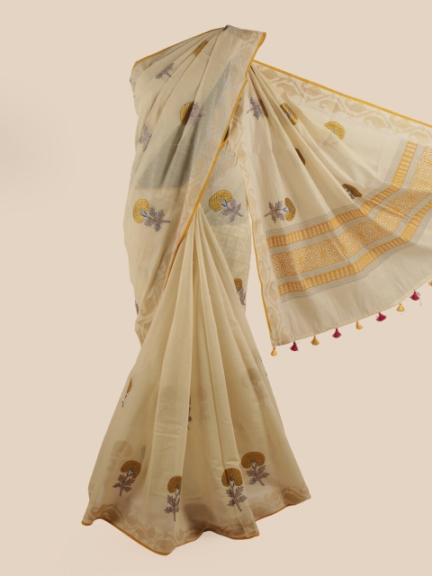 

Pothys Cream-Coloured & Yellow Floral Chandheri Cotton Saree