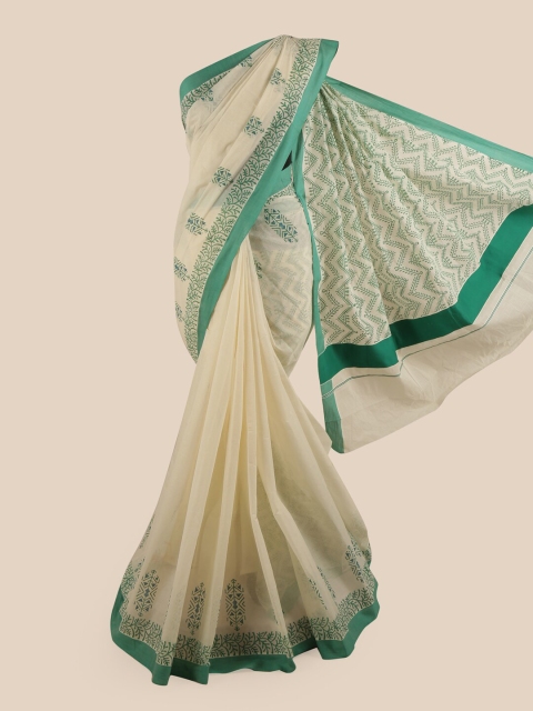 

Pothys Off White & Green Pure Cotton Kasavu Saree