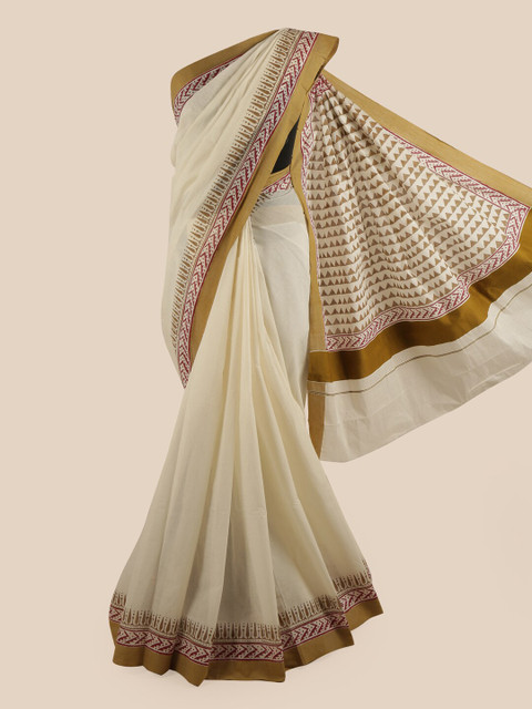 

Pothys Off White & Brown Pure Cotton Kasavu Saree