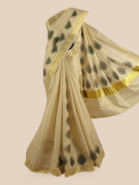 

Pothys Gold-Toned & Green Ethnic Motifs Pure Cotton Kasavu Saree