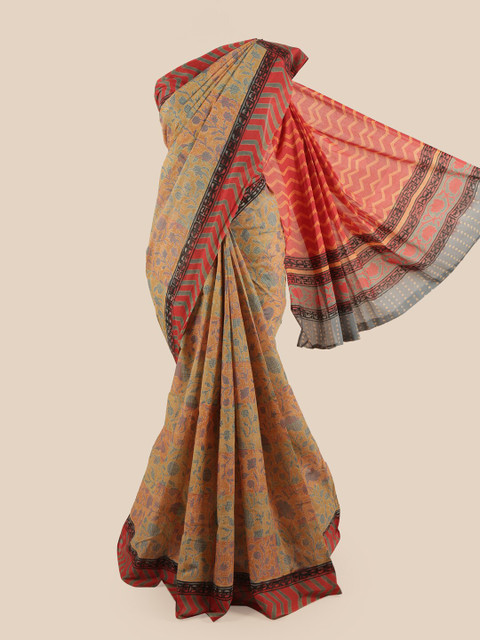 

Pothys Cream-Coloured & Peach-Coloured Floral Pure Cotton Saree