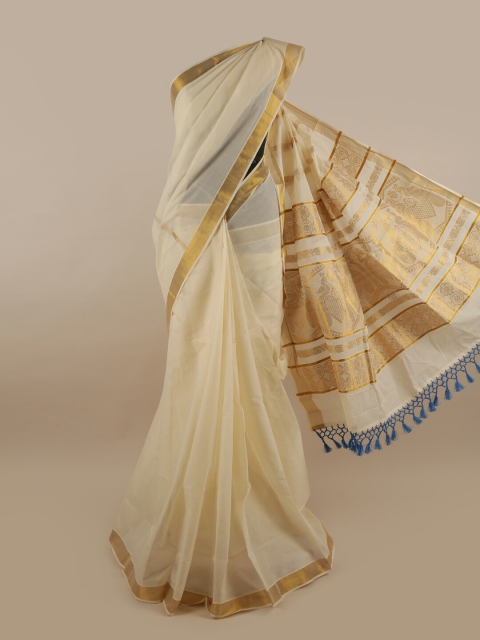 

Pothys Off White & Gold-Toned Ethnic Motifs Pure Cotton Kasavu Saree