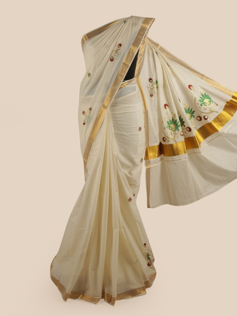 

Pothys Off White & Gold-Toned Ethnic Motifs Pure Cotton Kasavu Saree