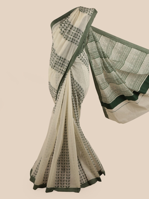 

Pothys Off White & Green Floral Pure Cotton Kasavu Saree