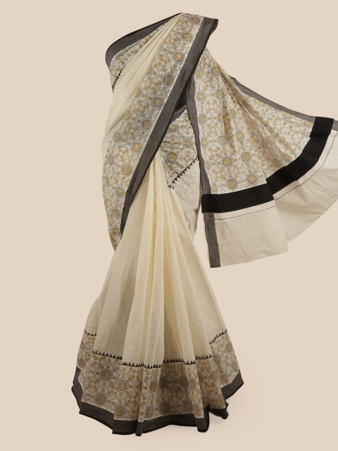 

Pothys Off White & Black Floral Pure Cotton Kasavu Saree