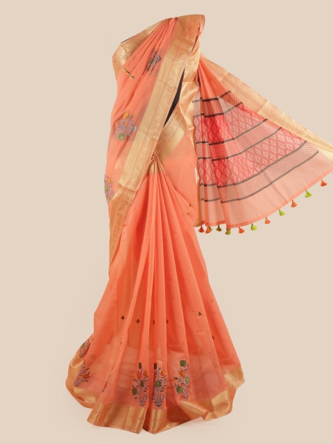 

Pothys Peach-Coloured & Gold-Toned Floral Chanderi Cotton Saree