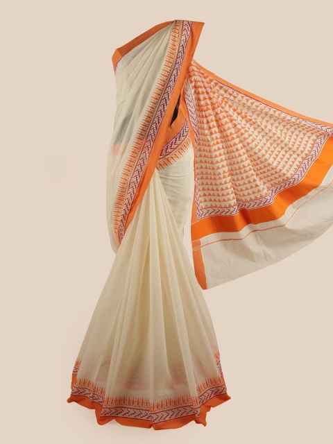 

Pothys Off White & Orange Pure Cotton Kasavu Saree