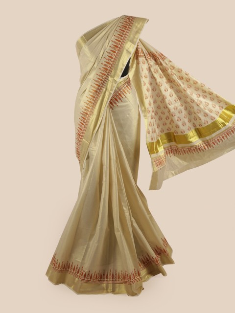 

Pothys Gold-Toned & Red Pure Cotton Kasavu Saree