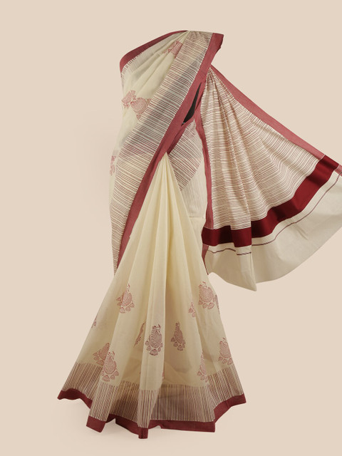 

Pothys Off White & Maroon Ethnic Motifs Pure Cotton Kasavu Saree