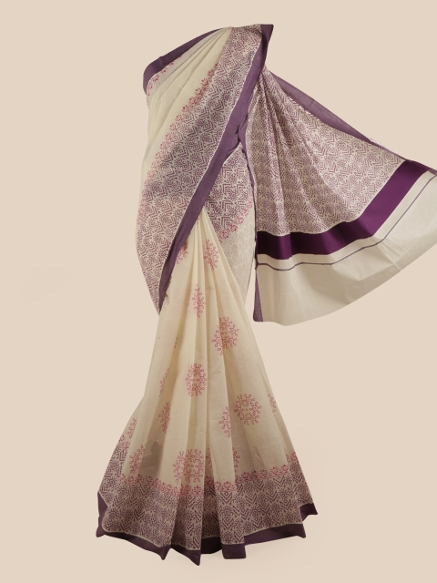 

Pothys Off White & Purple Ethnic Motifs Pure Cotton Kasavu Saree