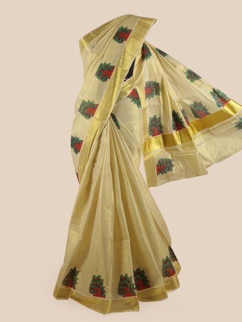 

Pothys Gold-Toned & Green Ethnic Motifs Pure Cotton Kasavu Saree