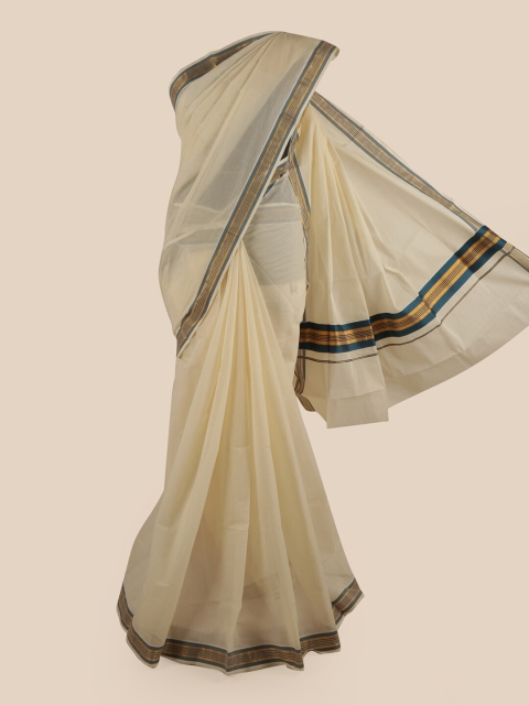 

Pothys Off White & Blue Pure Cotton Kasavu Saree