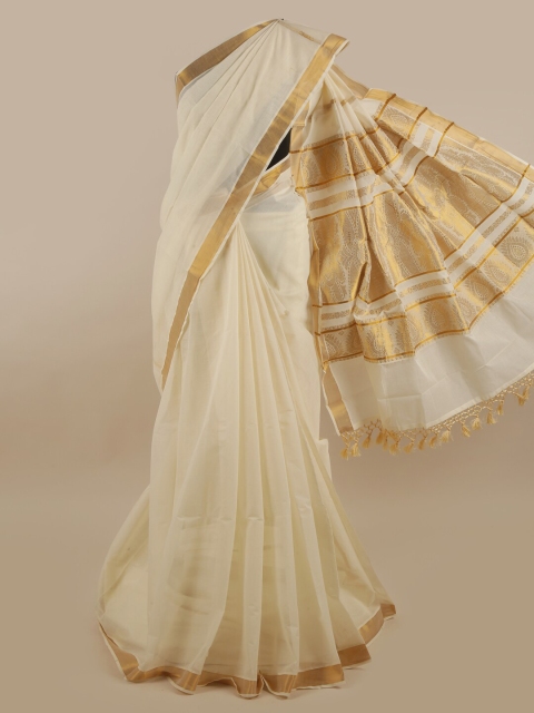 

Pothys Off White & Gold-Toned Pure Cotton Kasavu Saree