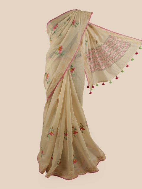 

Pothys Cream-Coloured & Pink Floral Chanderi Cotton Saree