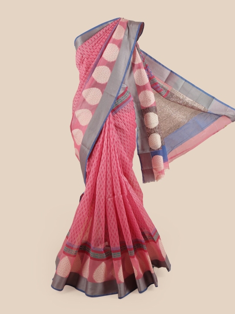 

Pothys Pink & Gold-Toned Printed Chanderi Cotton Saree