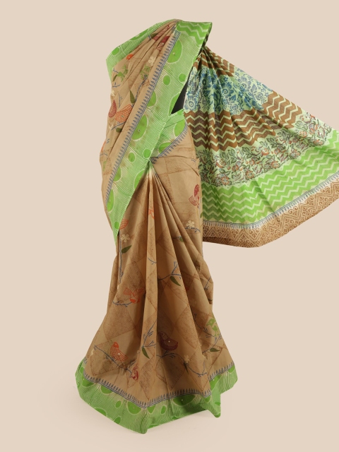 

Pothys Tan Brown & Green Floral Pure Cotton Saree