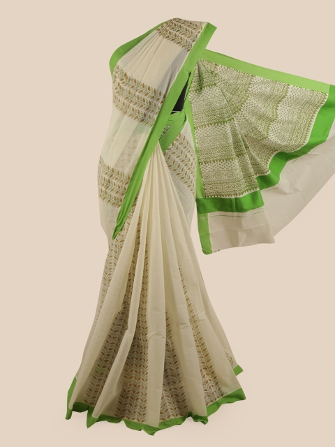 

Pothys Off White & Green Floral Pure Cotton Kasavu Saree