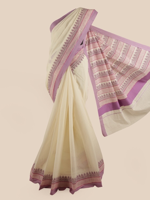 

Pothys Off White & Lavender Pure Cotton Kasavu Saree